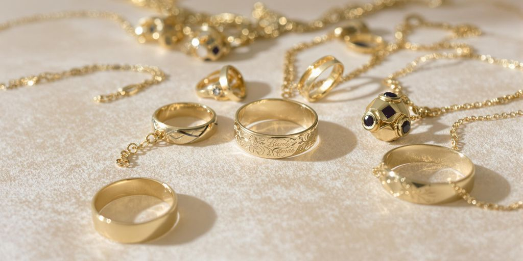Bijoux en or gravés posés sur un fond neutre