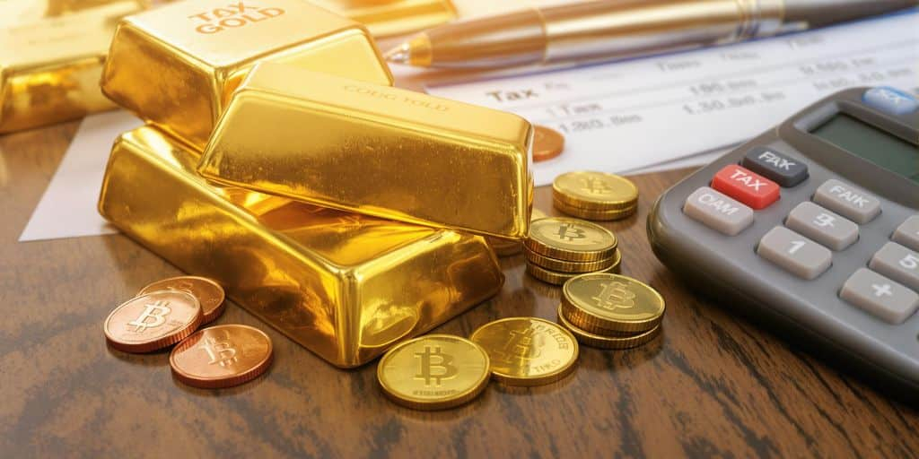 Pièces et lingots d’or sur une table avec des documents