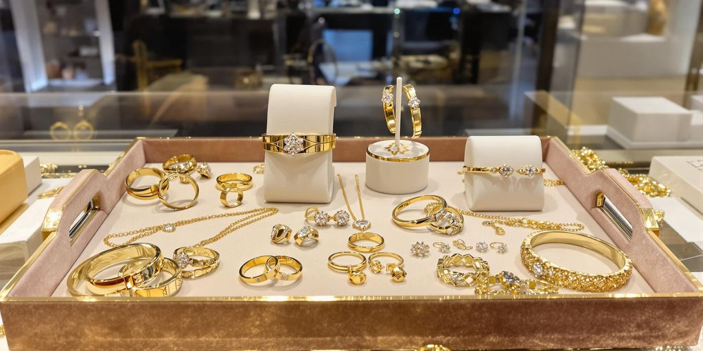 Bijoux en or sur un plateau dans une boutique parisienne.