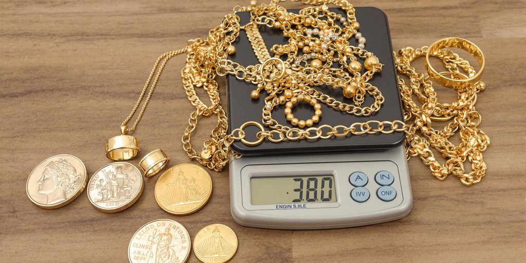 Bijoux en or et pièces anciennes sur une balance.