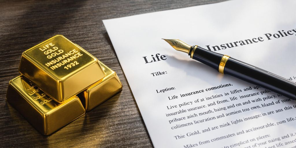 Pièces d’or empilées à côté d’un contrat d’assurance-vie.