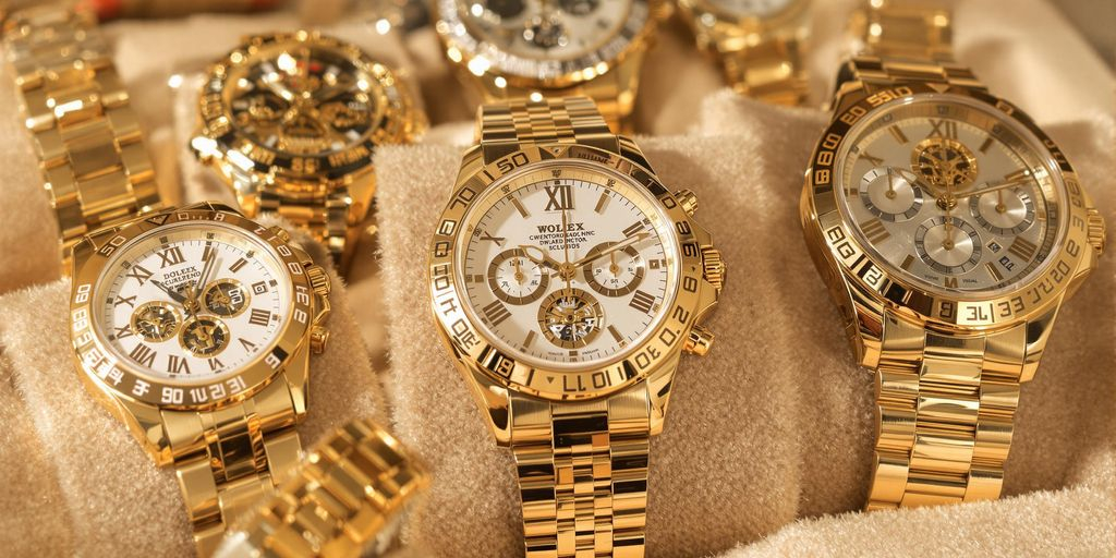 Montres de luxe en or et acier sur velours.