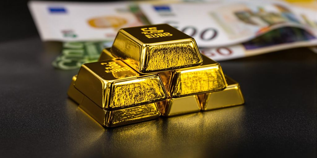 Lingots d'or brillants devant des billets en euros flous.