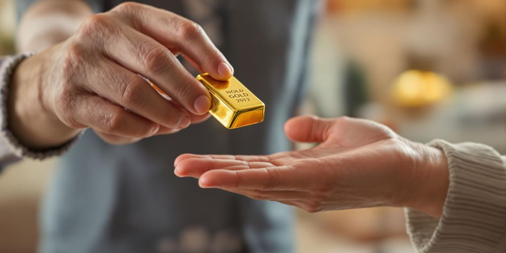 Main tendant un lingot d’or à un enfant