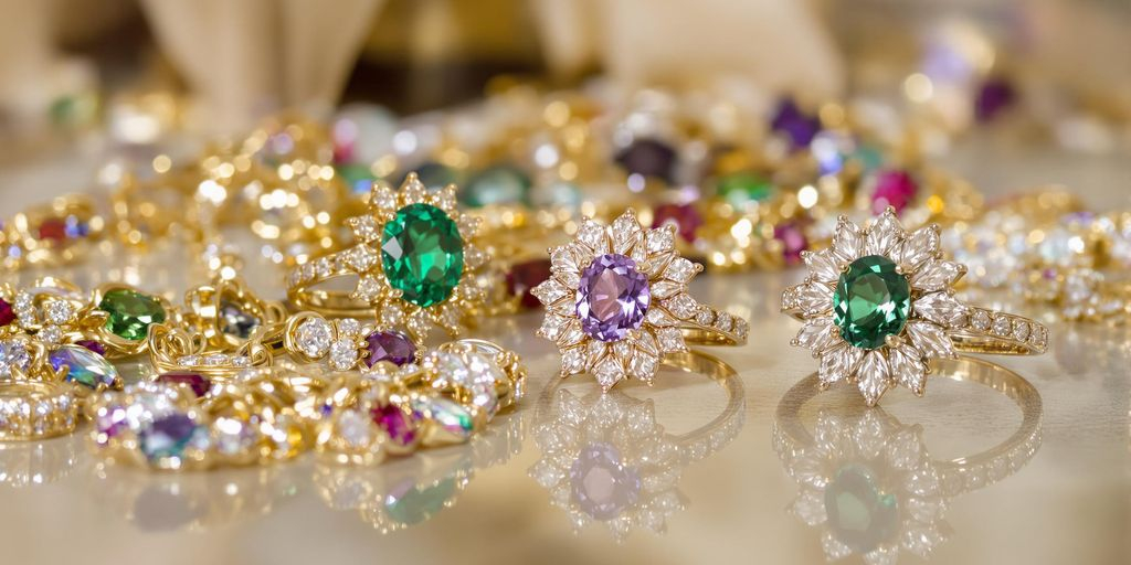 Bijoux raffinés avec pierres précieuses étincelantes sur fond flou.