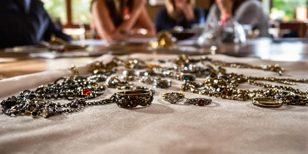 Bijoux anciens sur une table avec famille en arrière-plan.