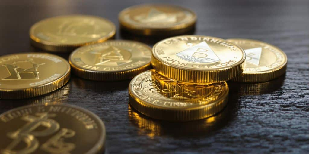 Plusieurs pièces d’or brillantes posées sur une table sombre.