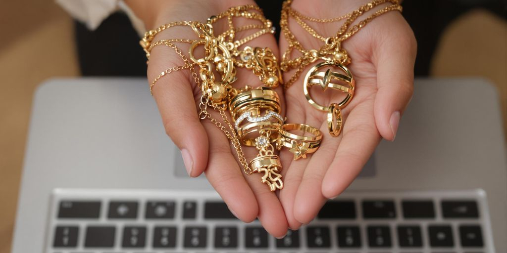 Mains tenant des bijoux en or devant un ordinateur portable.
