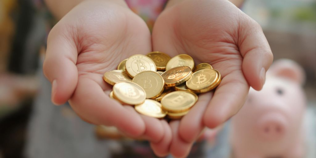 Mains d'enfant tenant des pièces d'or près d'une tirelire.