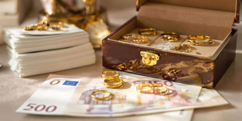 Montre et bijoux anciens avec billets d'euros sur une table.