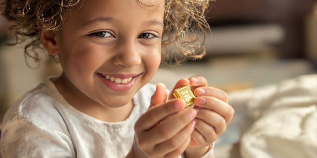 Enfant souriant tenant une barre d'or précieuse à la maison