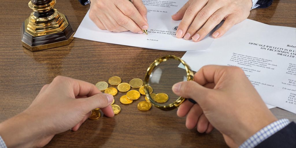 Notaire examinant des pièces d'or sur un bureau en bois.