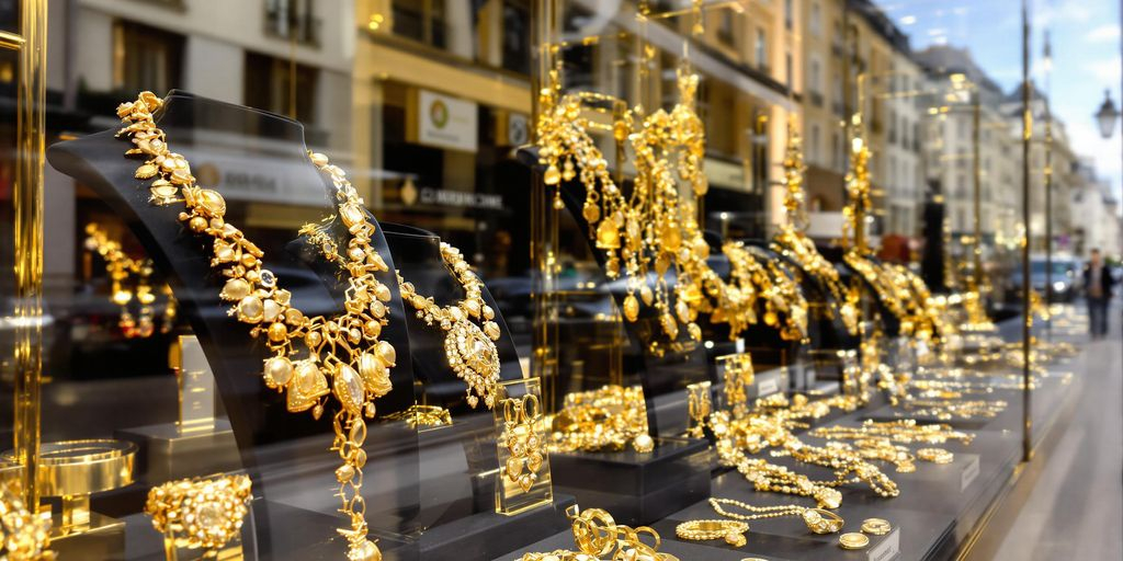Bijoux en or exposés devant les boutiques des Champs-Élysées.