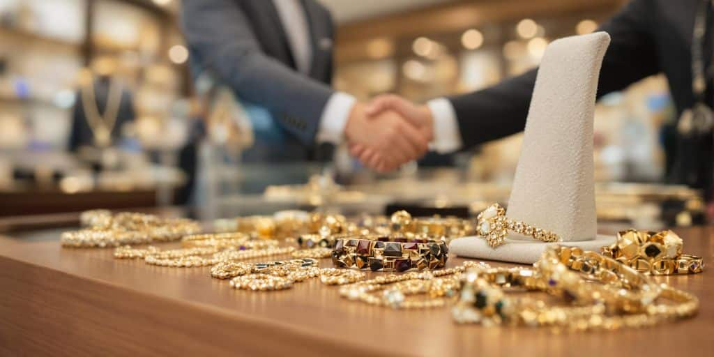 Client et vendeur échangent un bijou en magasin de bijoux.