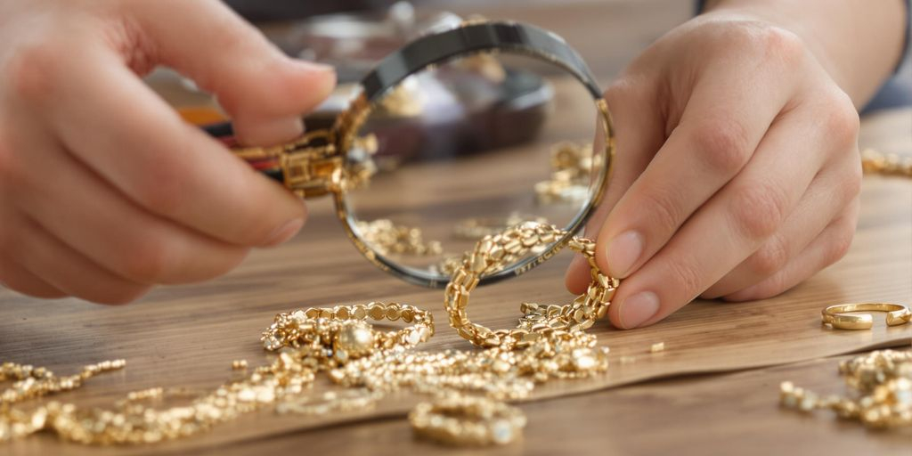 Bijoux en or examinés avec une loupe sur une table.