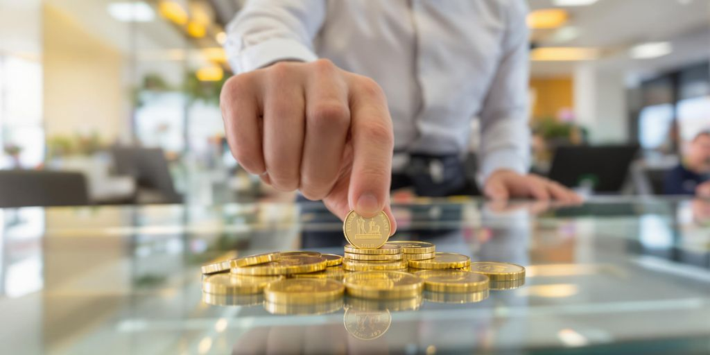 Main posant des pièces Napoléon sur un comptoir en or