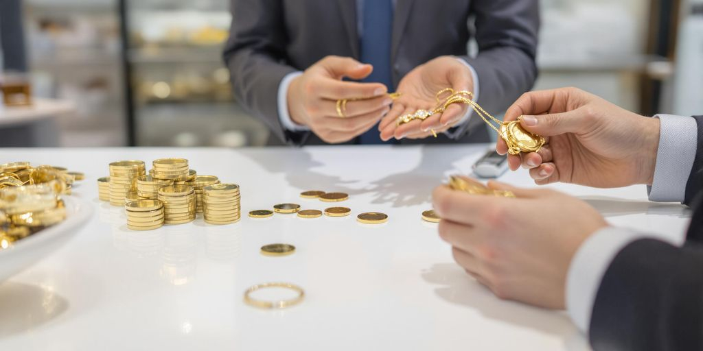 Personne examinant des bijoux en or chez un comptoir moderne.