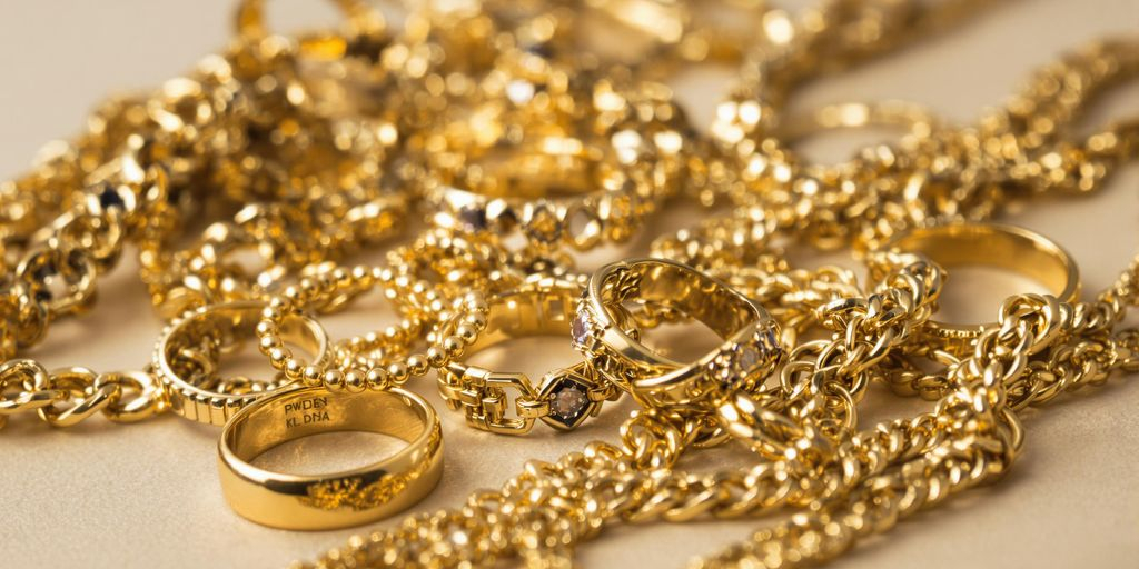 Bijoux en or variés posés sur fond neutre