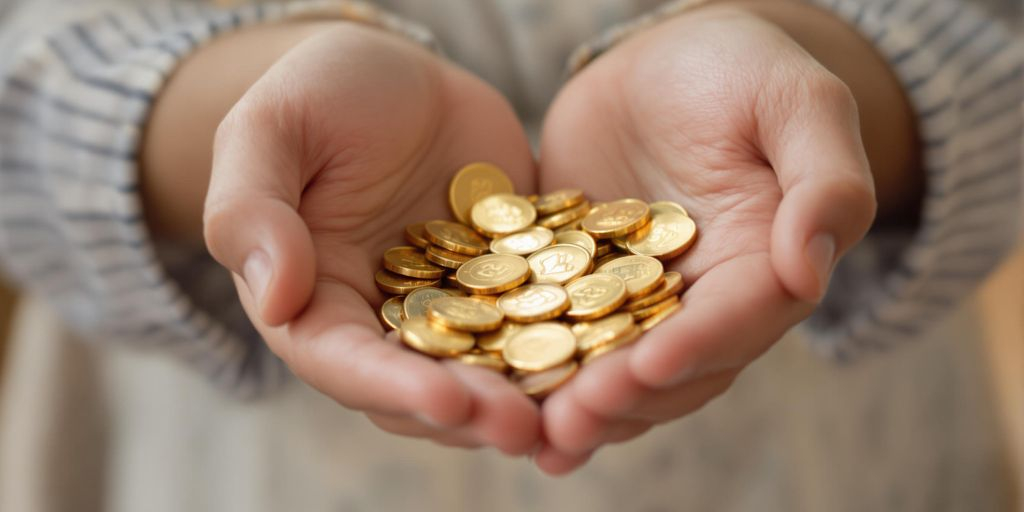 Mains d’aîné donnant des pièces d’or à un enfant