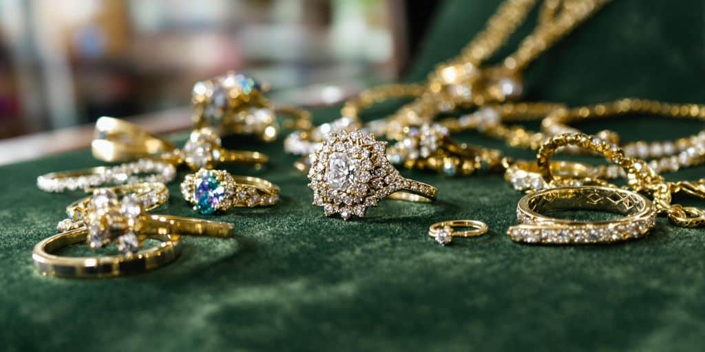 Bijoux en or et diamants sur un fond de velours.
