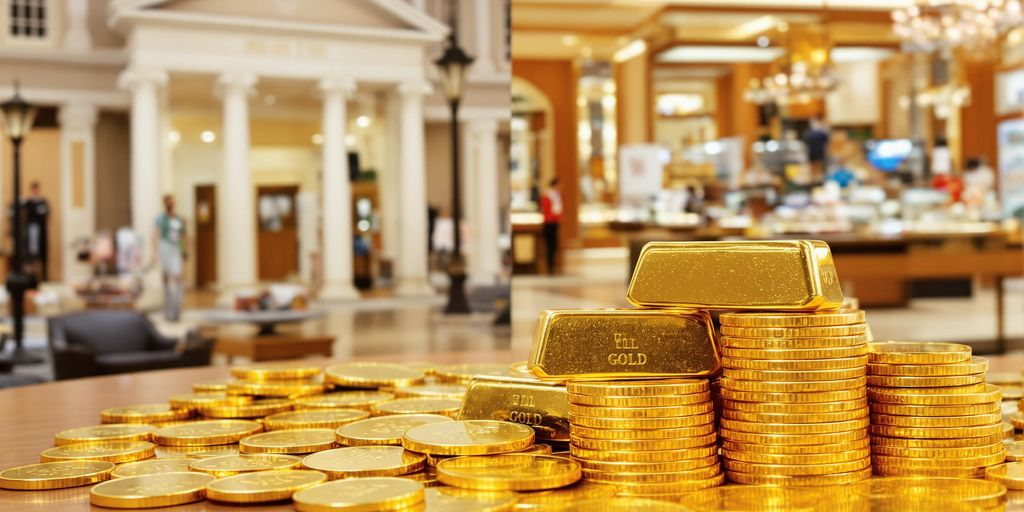 Lingots d'or et pièces devant une banque et un comptoir