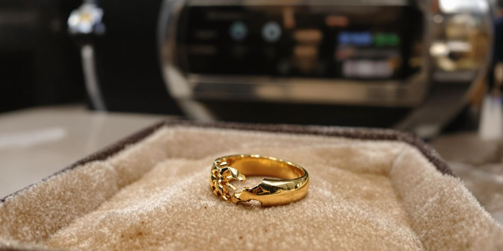 Bague en or abîmée sur plateau en velours bleu