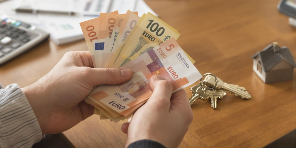 Personne tenant des billets d'euros et des clés de maison