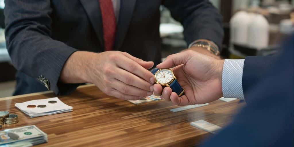 Une main remet une montre précieuse à un prêteur sur gage.