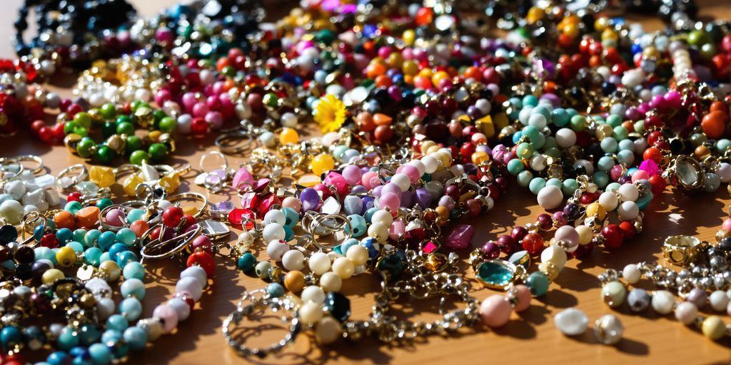 Bijoux fantaisie colorés disposés sur une table en bois.