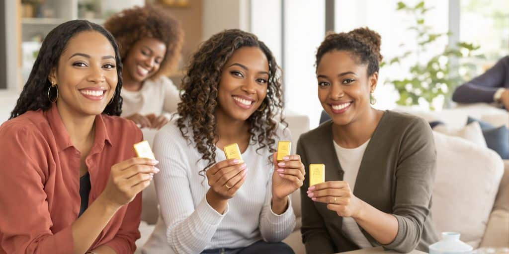 Femmes souriantes tenant des lingots d'or dans un salon