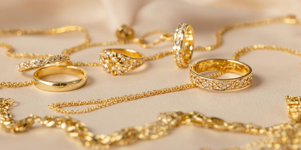Bijoux en or posés sur un fond doux et neutre.