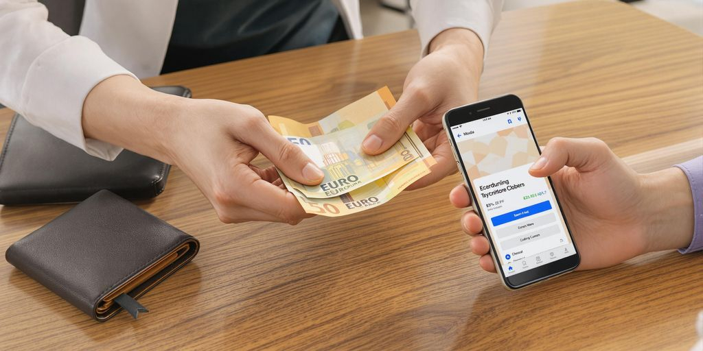 Main tenant des billets d'euros et main avec un smartphone