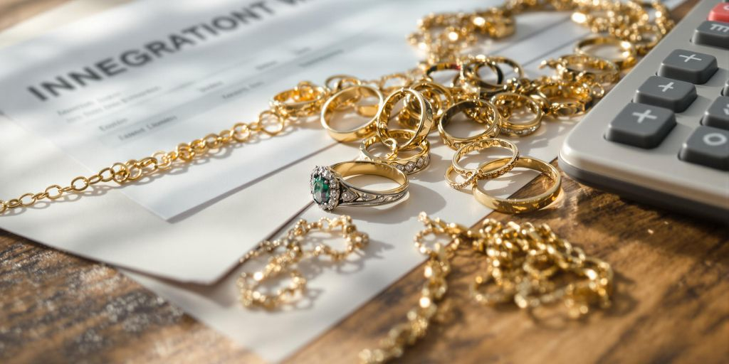 Bijoux hérités posés près d'une calculatrice sur une table.