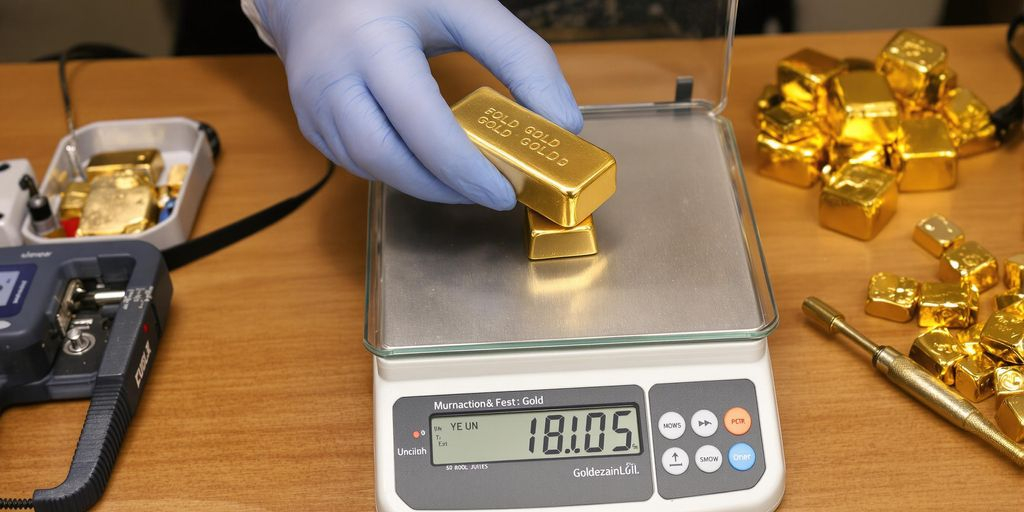 Main sur gants pesant des lingots d'or sur une balance.
