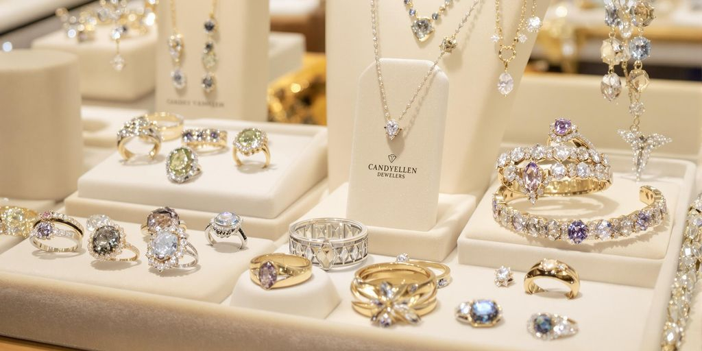 Bijoux de créateurs célèbres exposés dans une vitrine élégante.