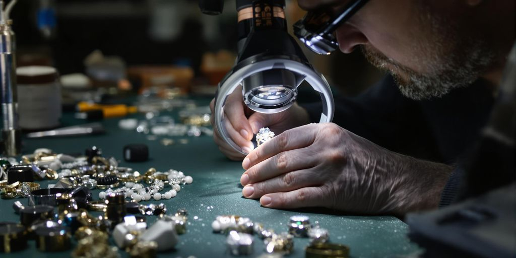 Bijoutier examinant une bague en diamant avec une loupe