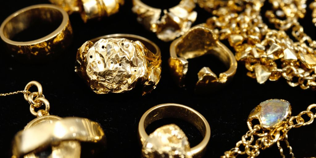 Bijoux en or avec défauts visibles sur fond sombre.