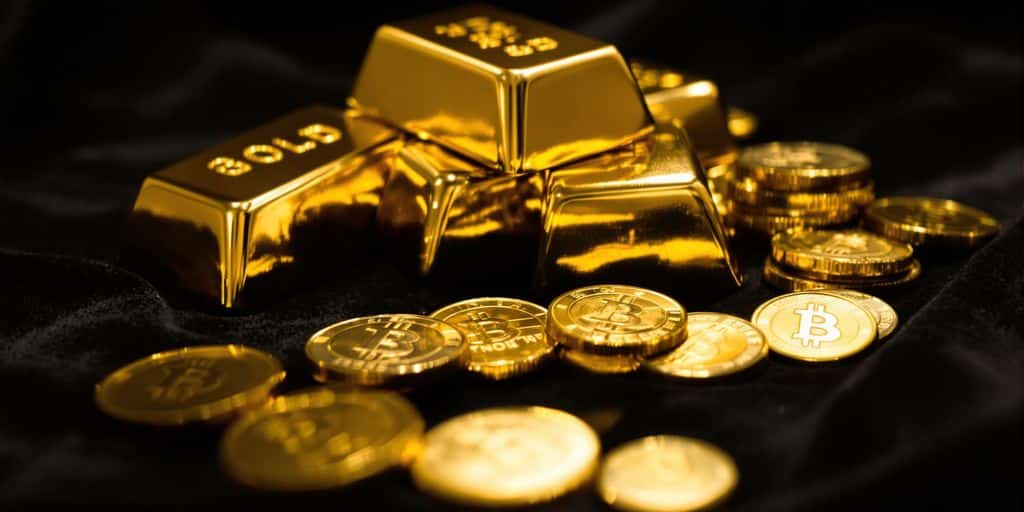 Lingots d'or brillants et pièces sur une surface sombre.