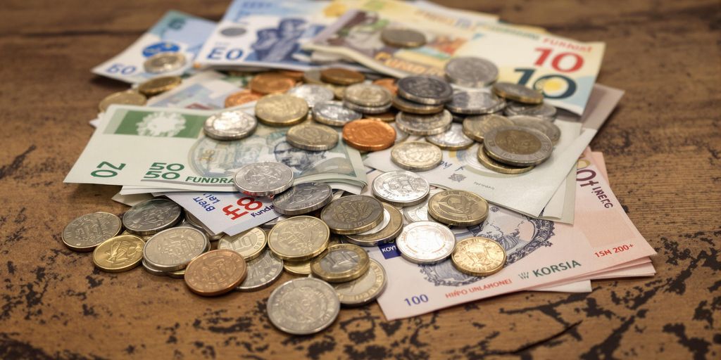 Pièces de monnaie et billets sur une table en bois.
