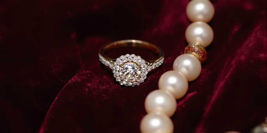 Bijoux anciens posés sur un tissu velours rouge