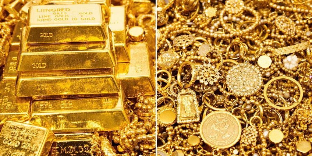Lingots d'or neufs et bijoux en or recyclé.