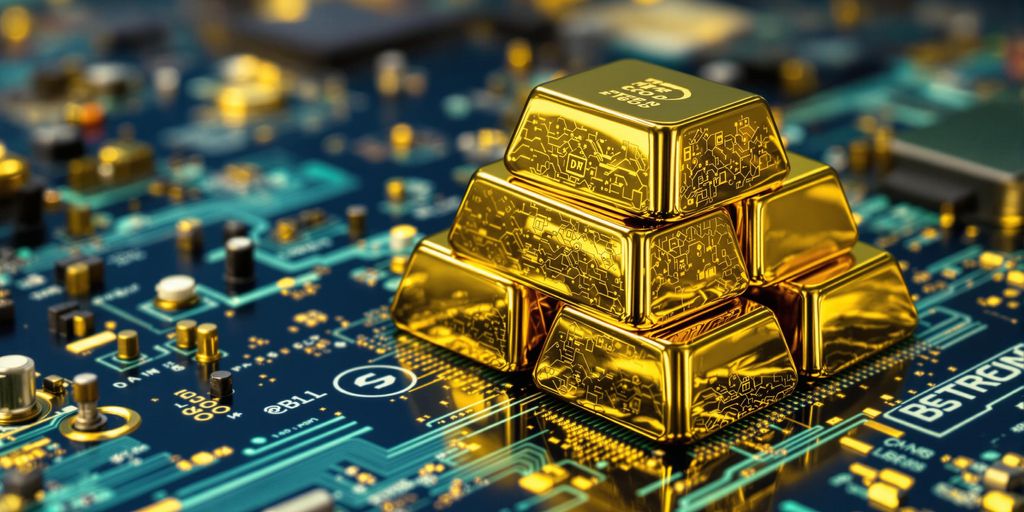 Lingots d'or brillants sur un circuit informatique complexe.