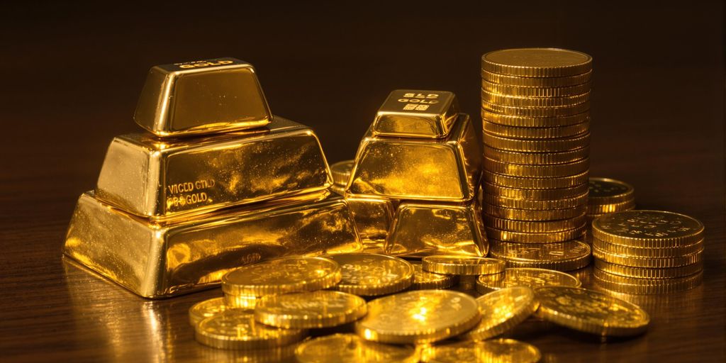 Lingots d'or et pièces sur une table