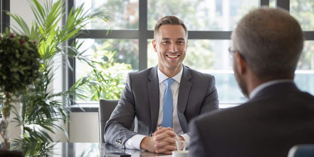 Homme souriant et confiant discutant avec un client satisfait.