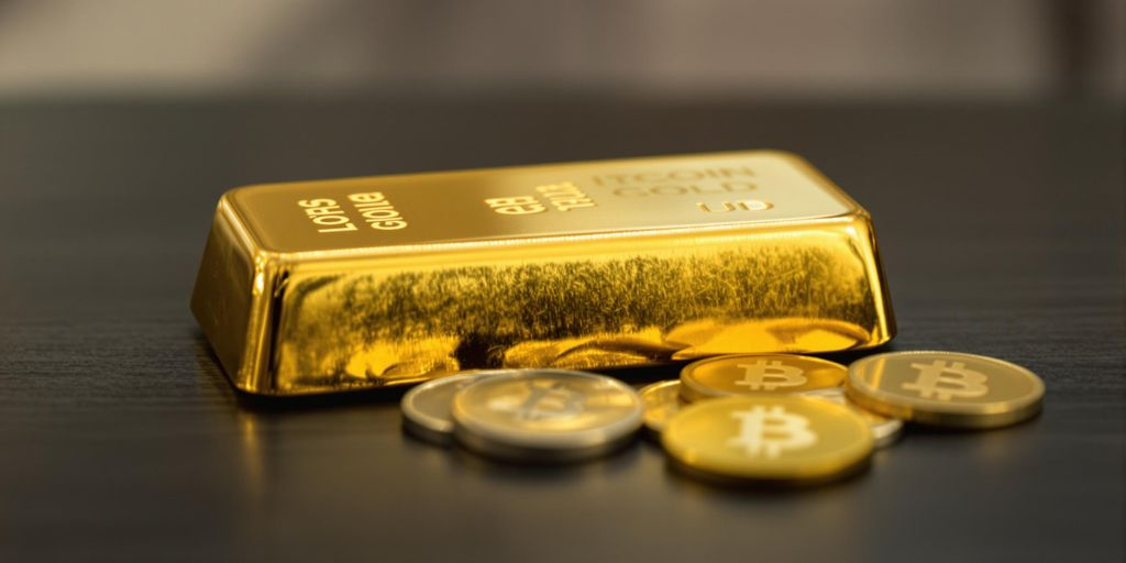 Lingot d'or et pièces de cryptomonnaie sur une table