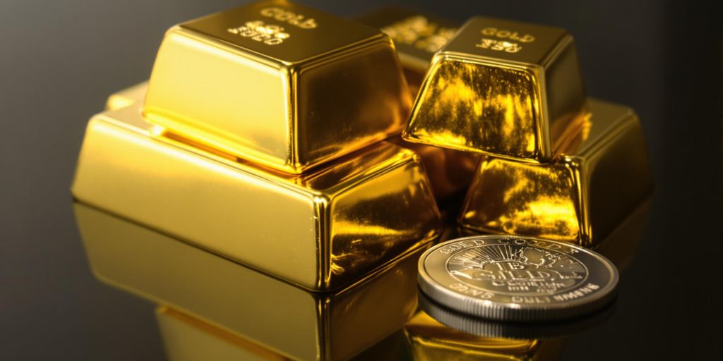 Lingots d'or empilés, pièce d'argent