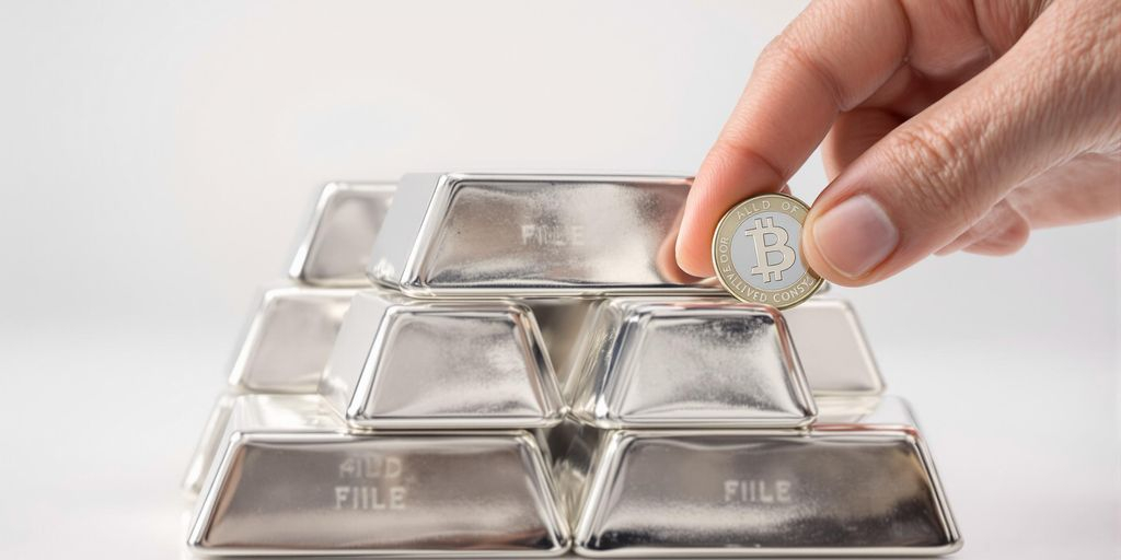 Lingots et pièces d'argent, main posant une pièce.