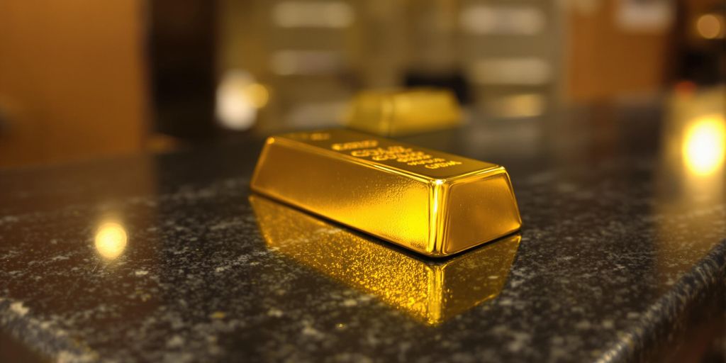 Lingot d'or brillant sur un comptoir bancaire.
