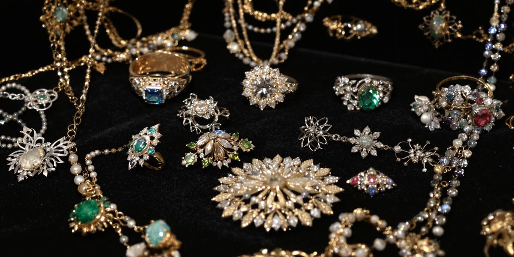 Bijoux anciens exposés sur un présentoir en velours.