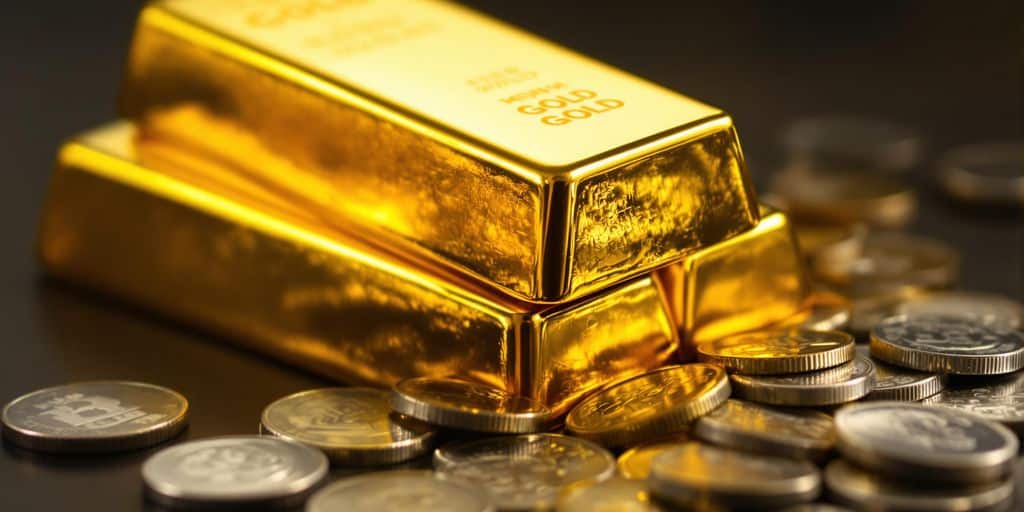 Lingots d'or brillants et pièces d'argent sécurisées